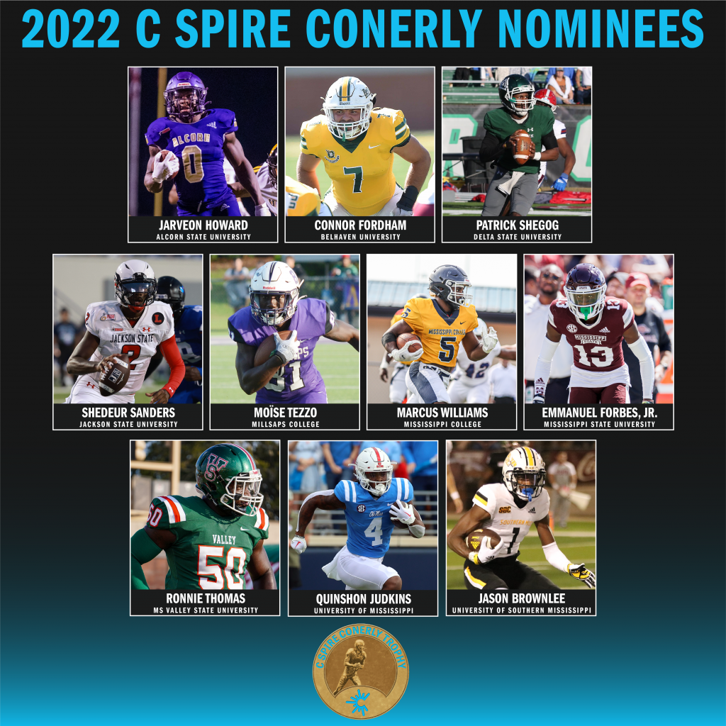 C Spire - Pictured (Left to Right): Perian Conerly - Wife of the late  Charlie Conerly, Hu Meena - CEO of C Spire, and A.J. Brown - 2017 C Spire  Conerly Trophy Recipient